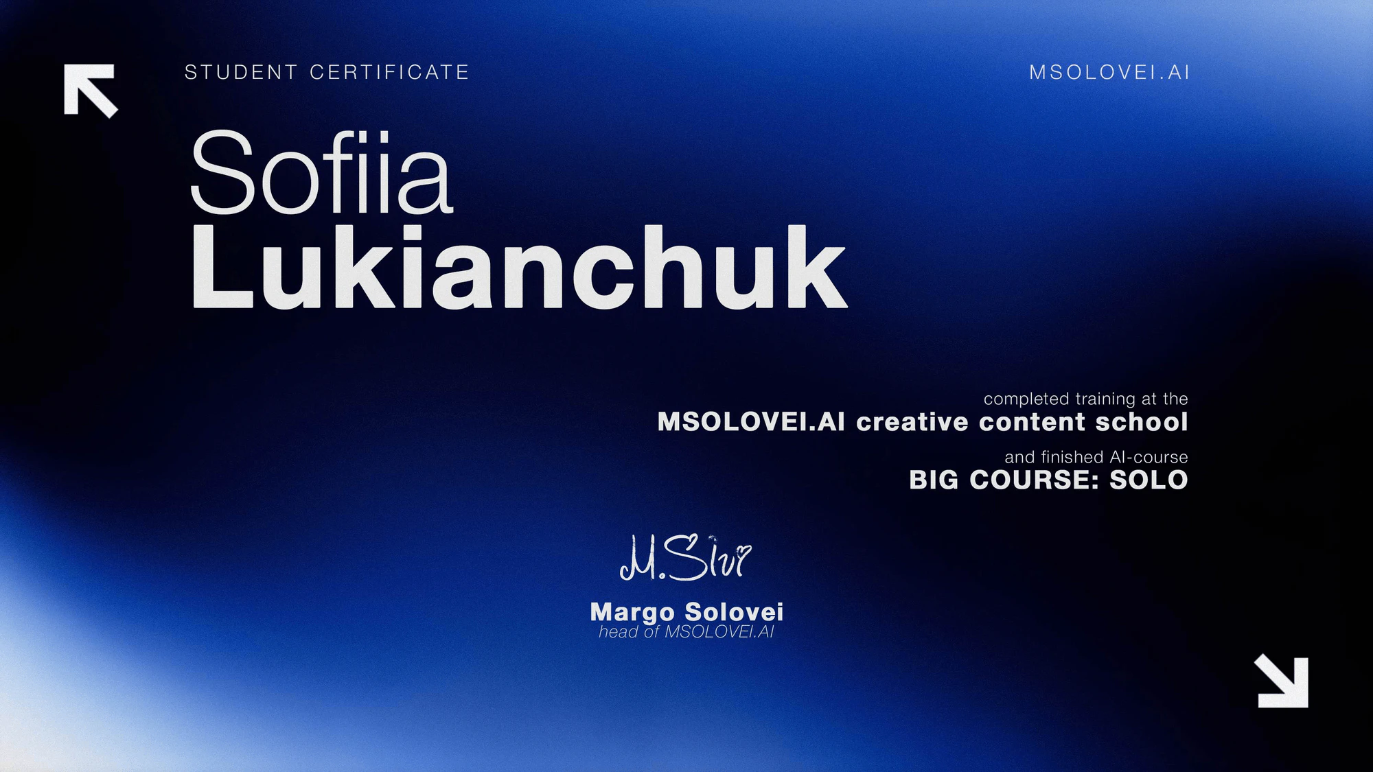 AI Creator course certificate awarded to Sofiia Lukianchuk.
