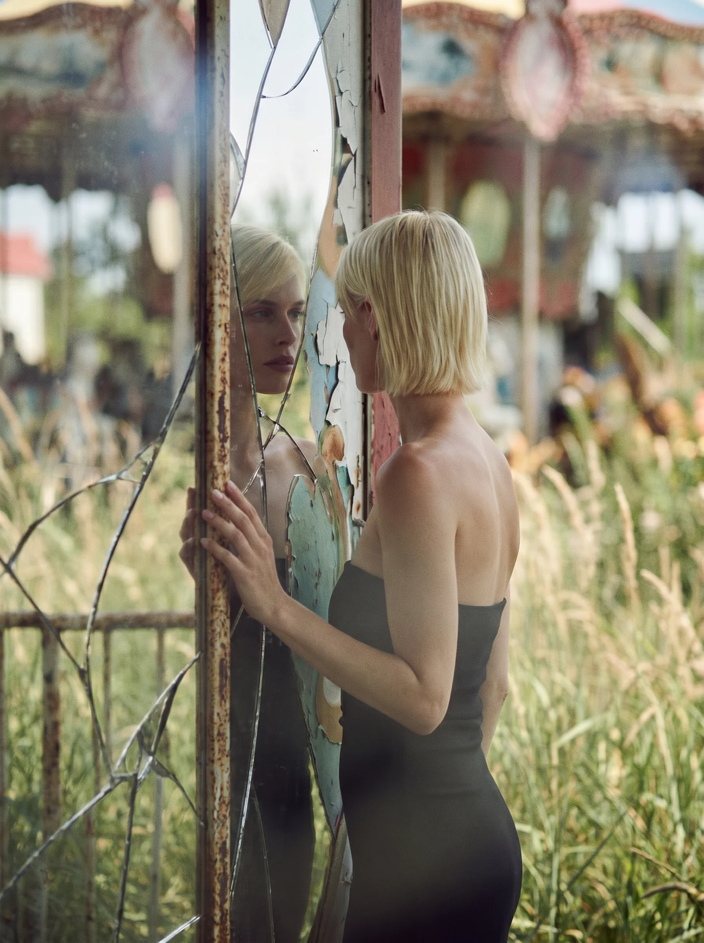Blonde model in a black dress reflected in a fractured mirror at a weathered fairground