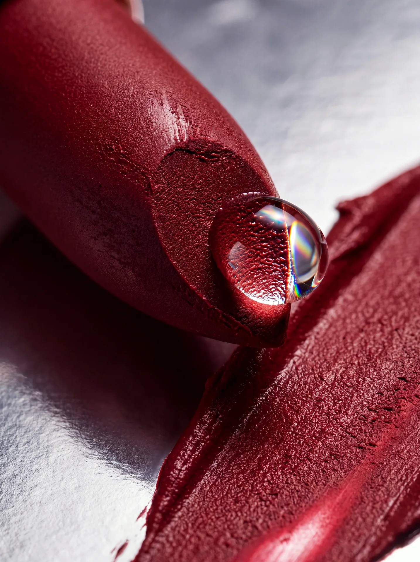 Macro detail of deep red cosmetic texture with a water drop and reflective light
