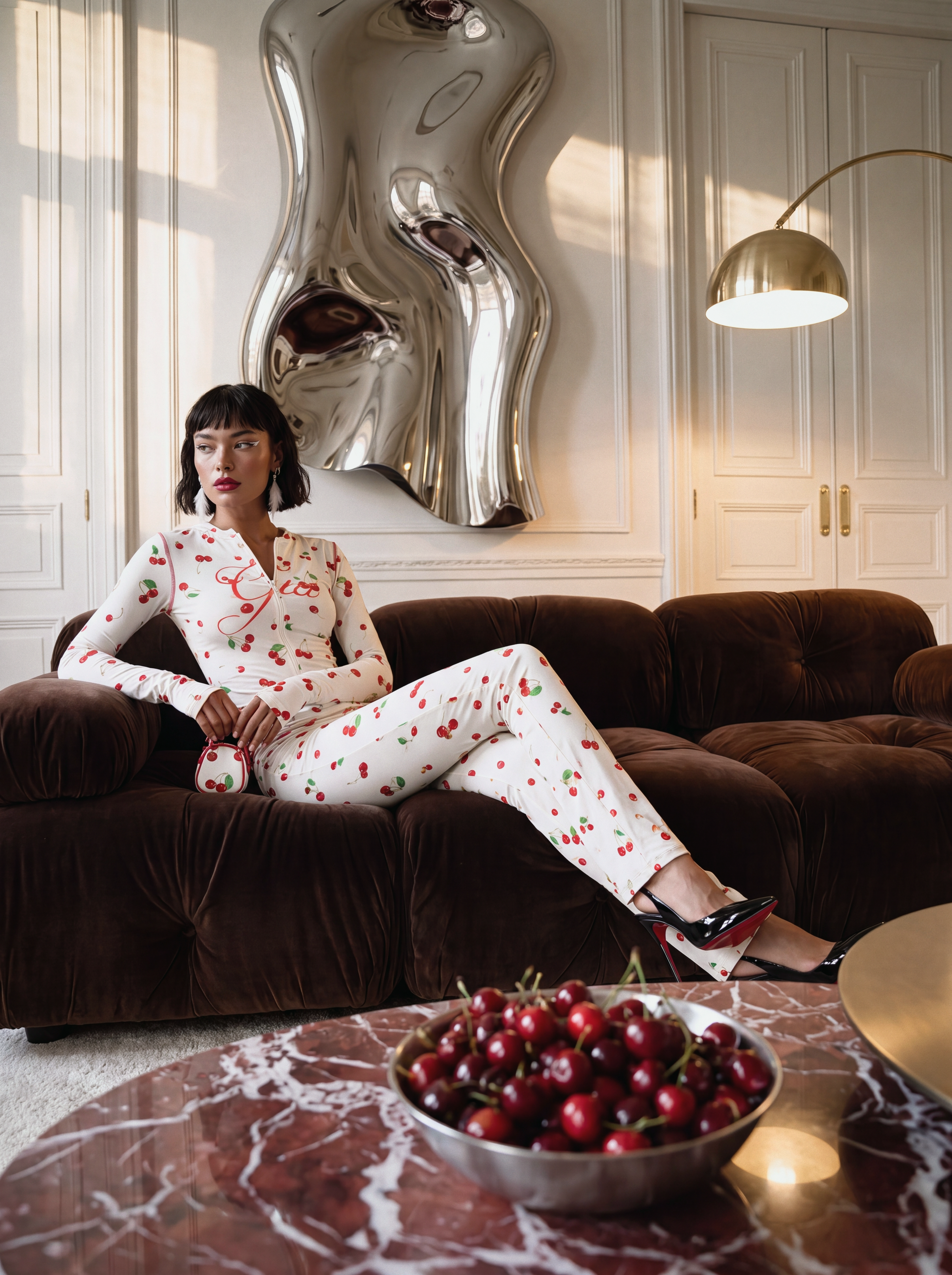 Model seated on a brown sofa in a white cherry-print outfit with a bowl of cherries in the foreground