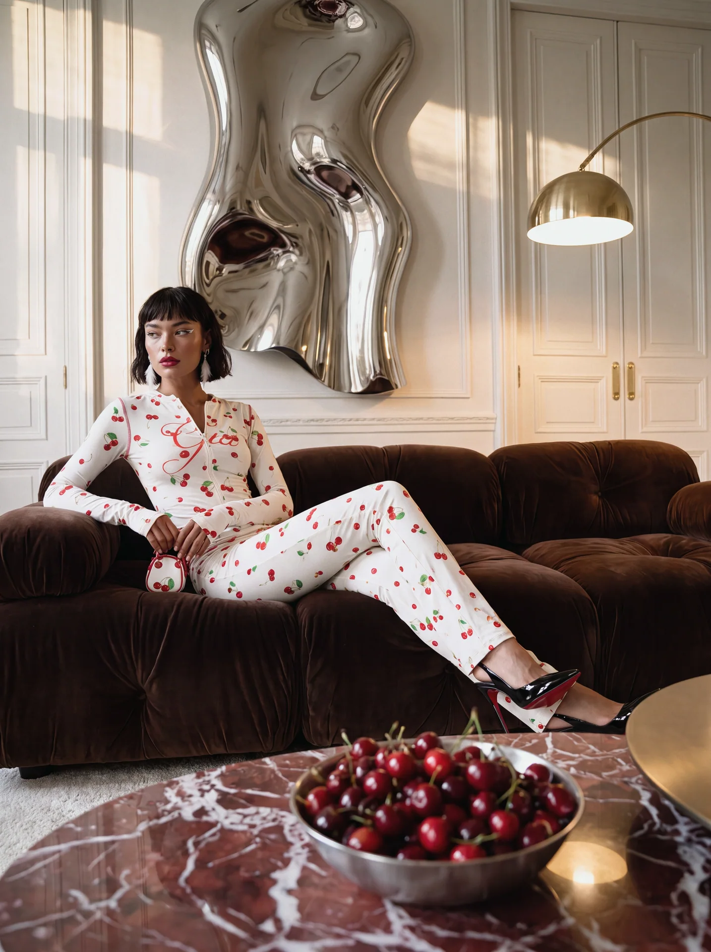 Model seated on a brown sofa in a white cherry-print outfit with a bowl of cherries in the foreground
