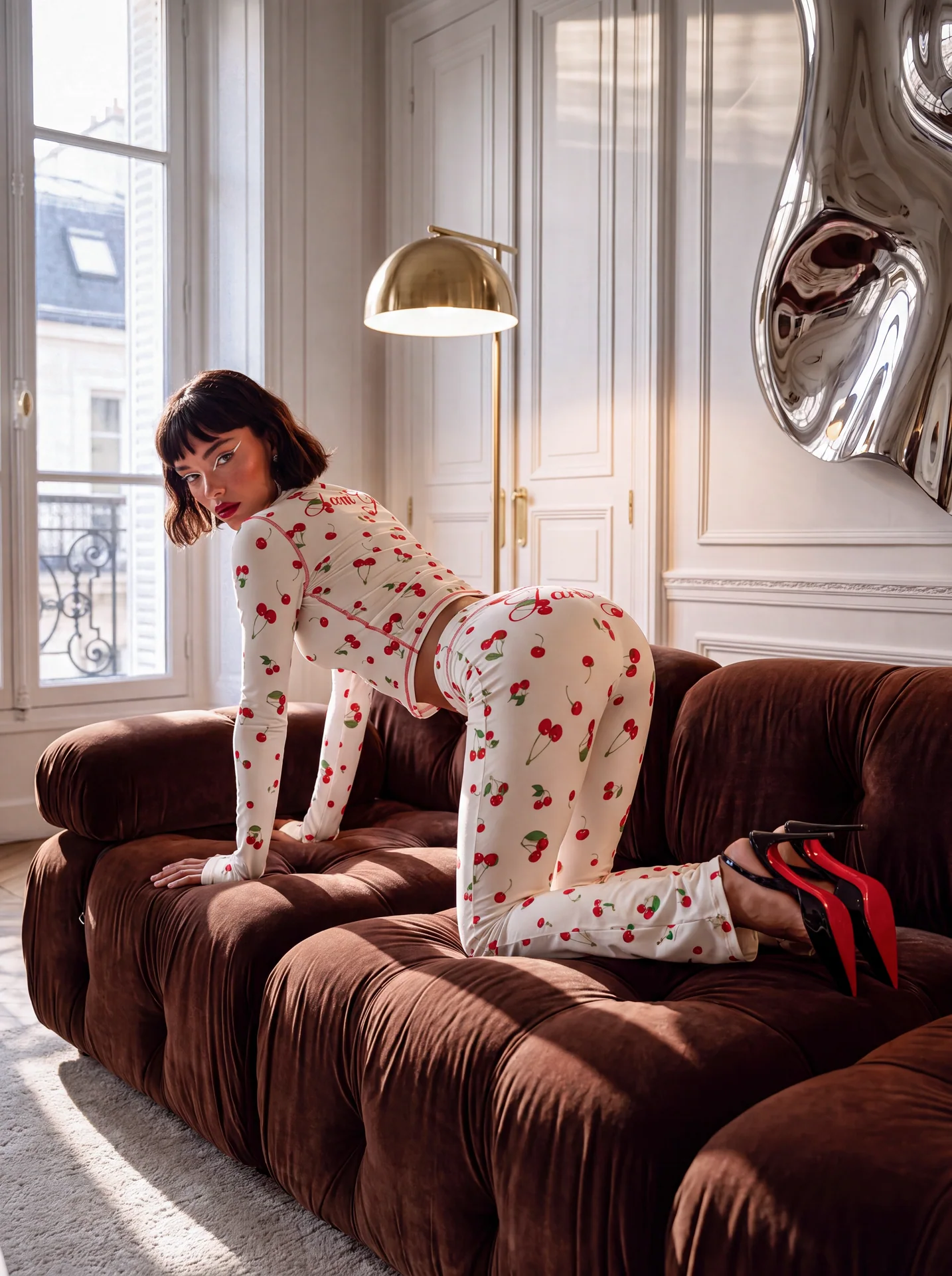Model posing on a brown sofa in a white cherry-print outfit with a bright interior behind her