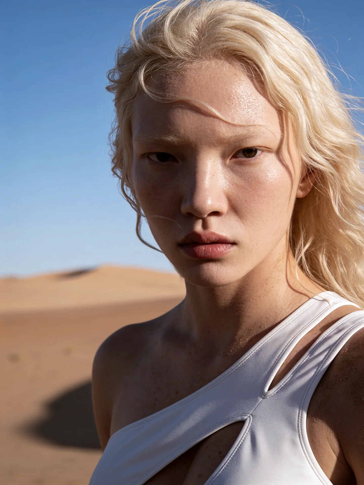 Portrait of a model in a white garment against soft desert dunes