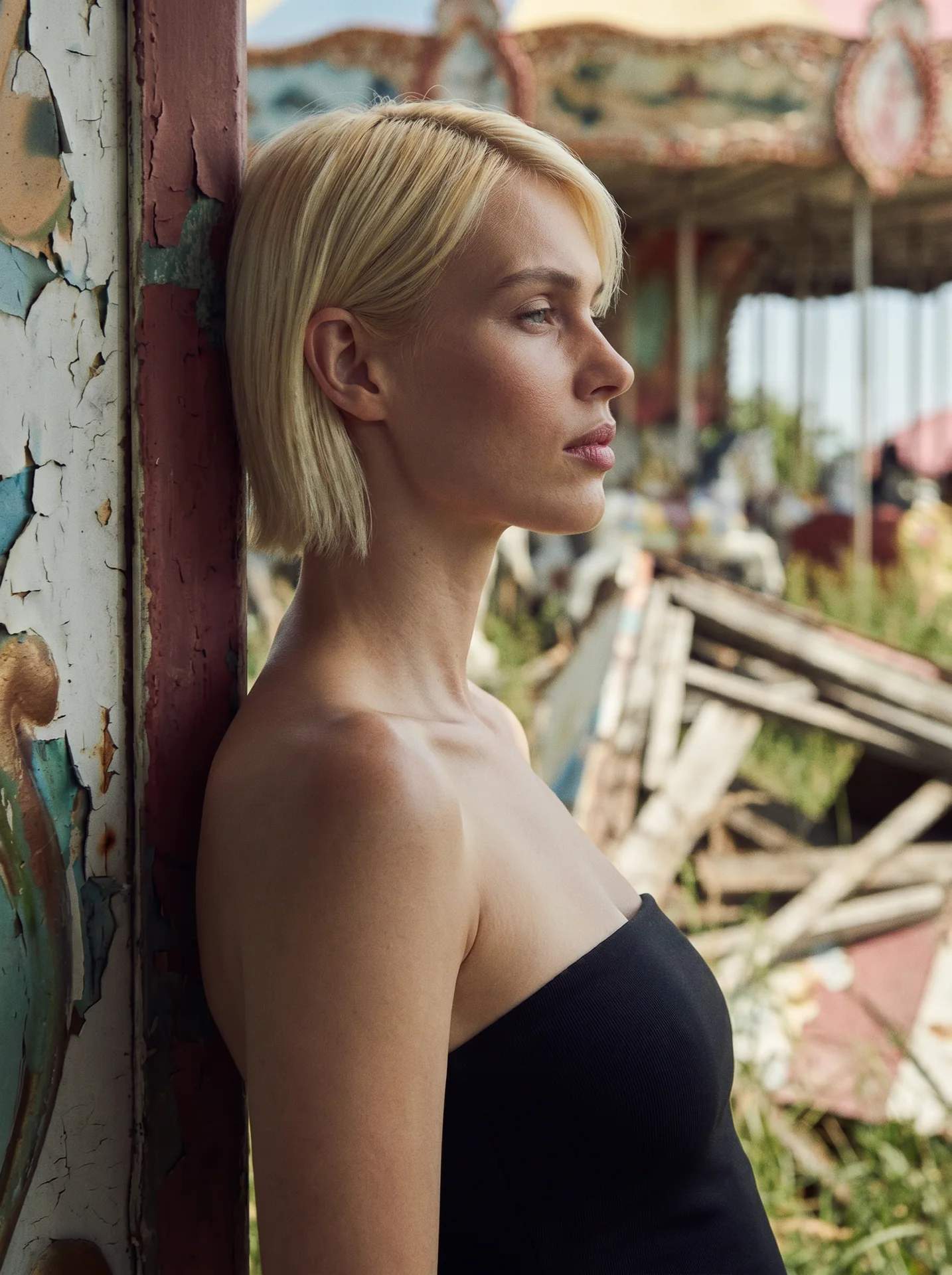 Profile portrait of a blonde model leaning against a peeling fairground structure